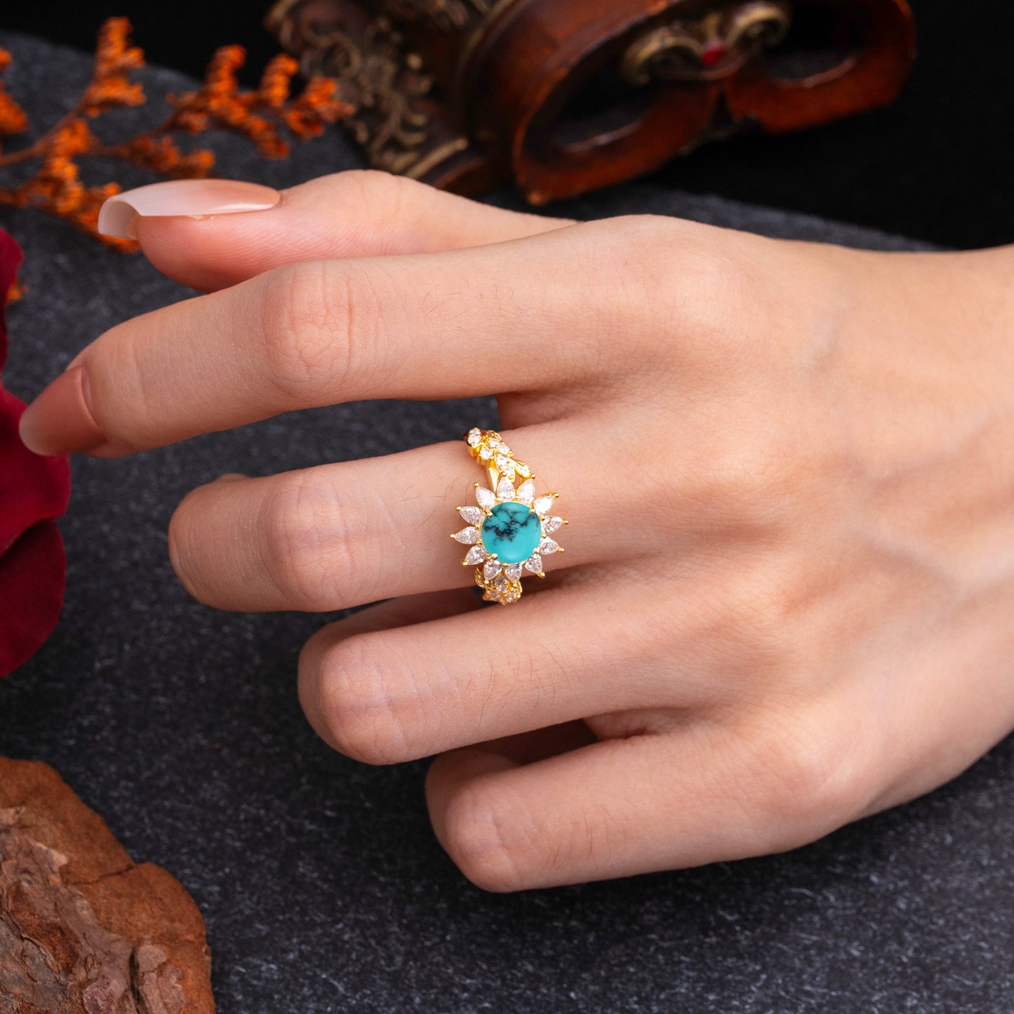 Nature-Inspired Sunflower 4-Prong Round Cut Turquoise Engagement Ring