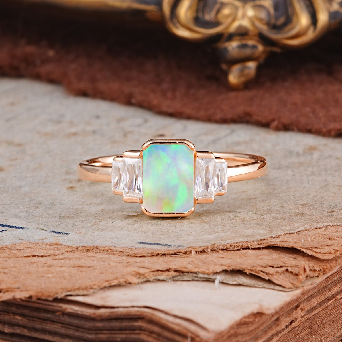 Emerald Cut Baguette Side Stones Opal Engagement  Ring