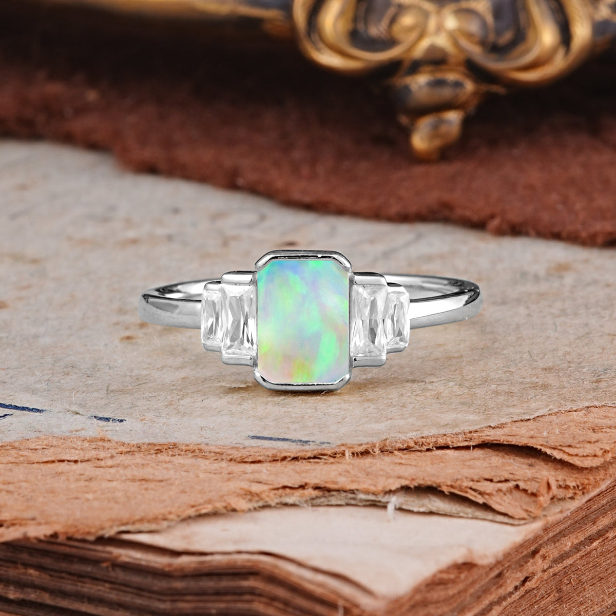 Emerald Cut Baguette Side Stones Opal Engagement  Ring