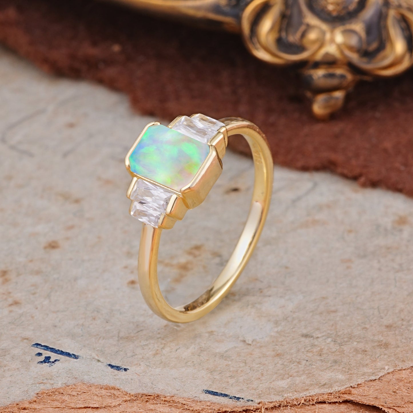 Emerald Cut Baguette Side Stones Opal Engagement  Ring
