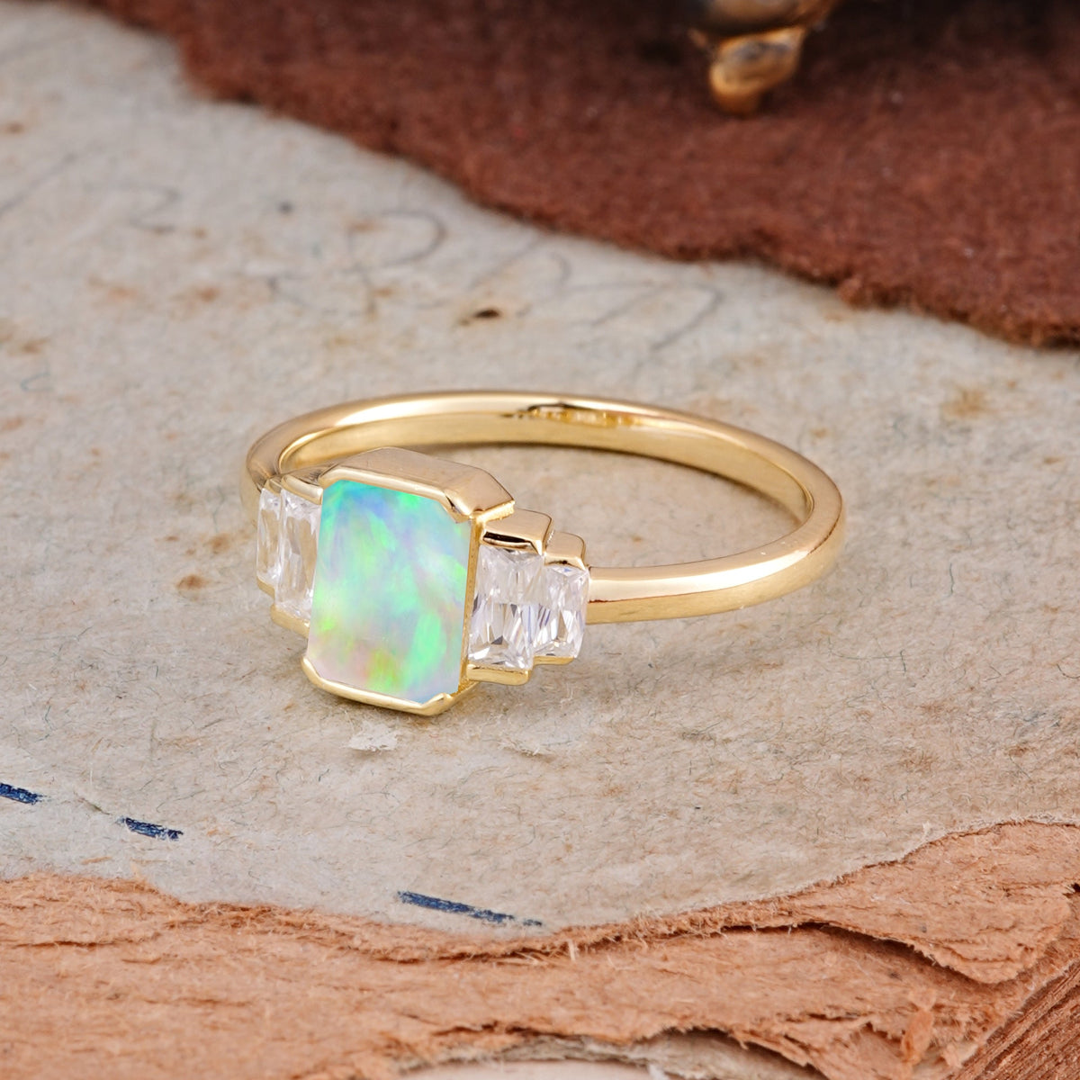 Emerald Cut Baguette Side Stones Opal Engagement  Ring