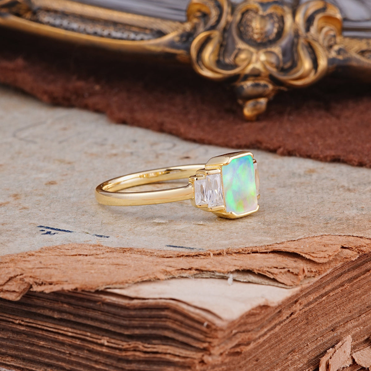 Emerald Cut Baguette Side Stones Opal Engagement  Ring