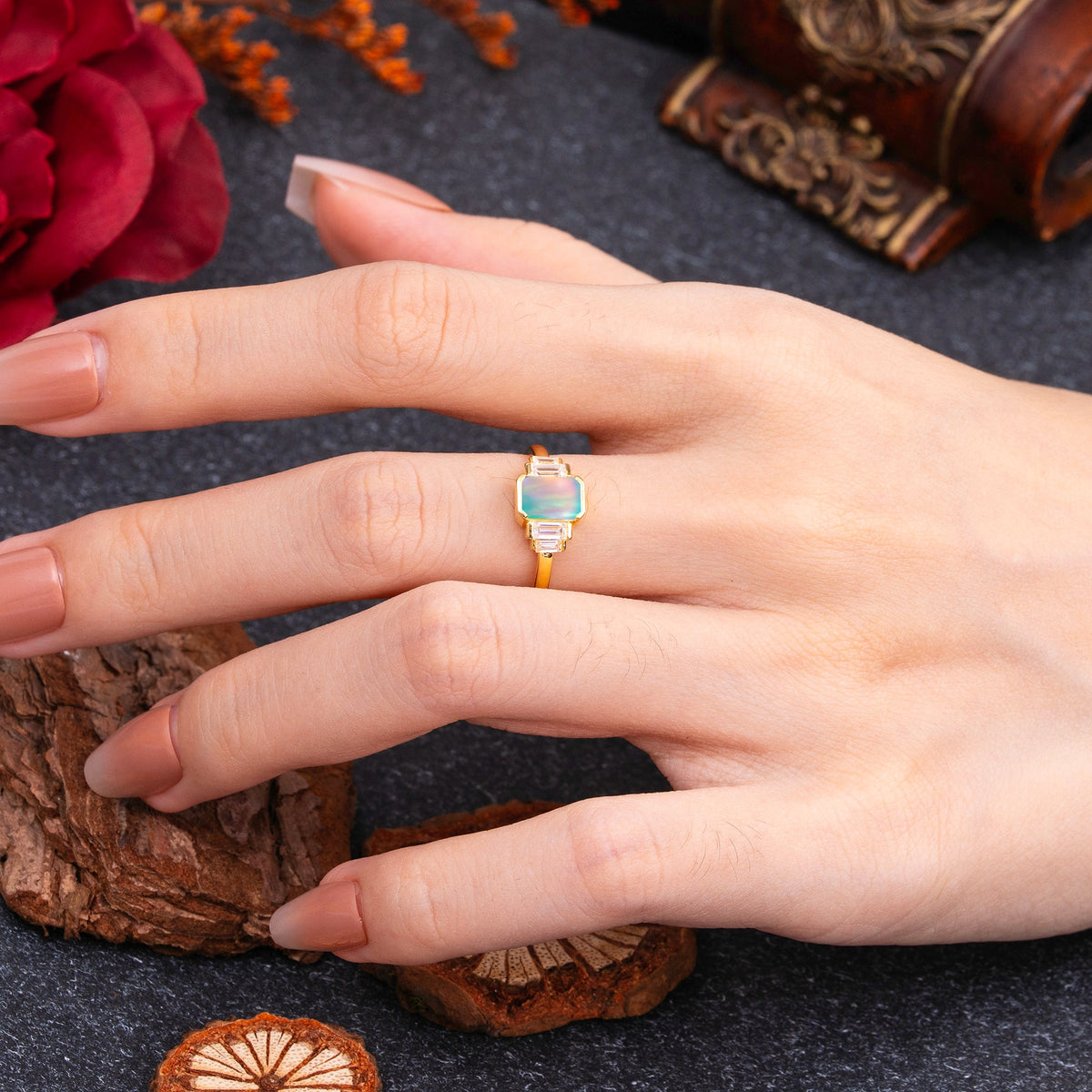 Emerald Cut Baguette Side Stones Opal Engagement  Ring
