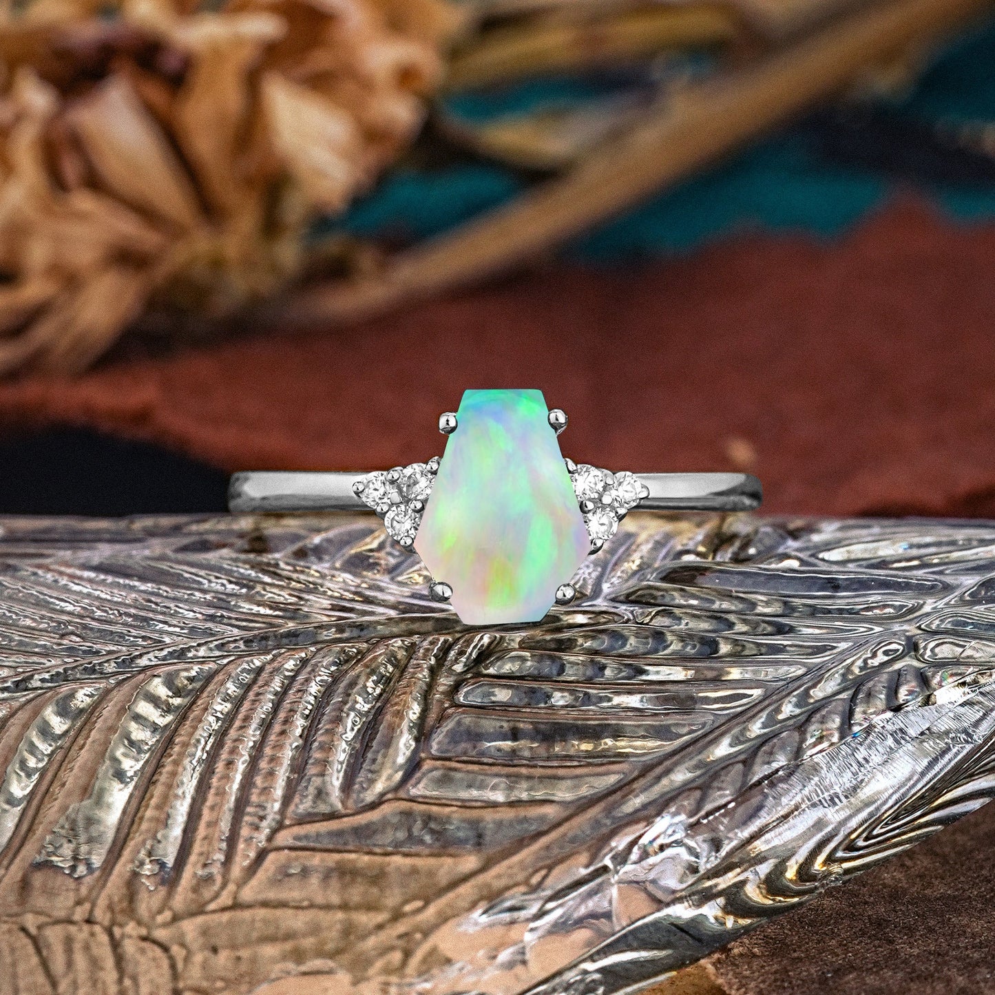 Minimalist 4-Prong Coffin-Cut Opal Engagement Ring