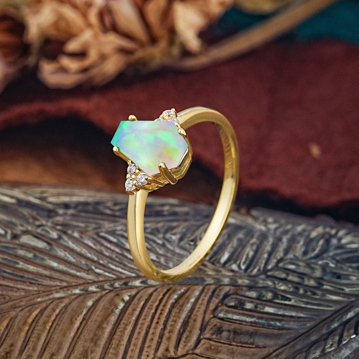 Minimalist 4-Prong Coffin-Cut Opal Engagement Ring