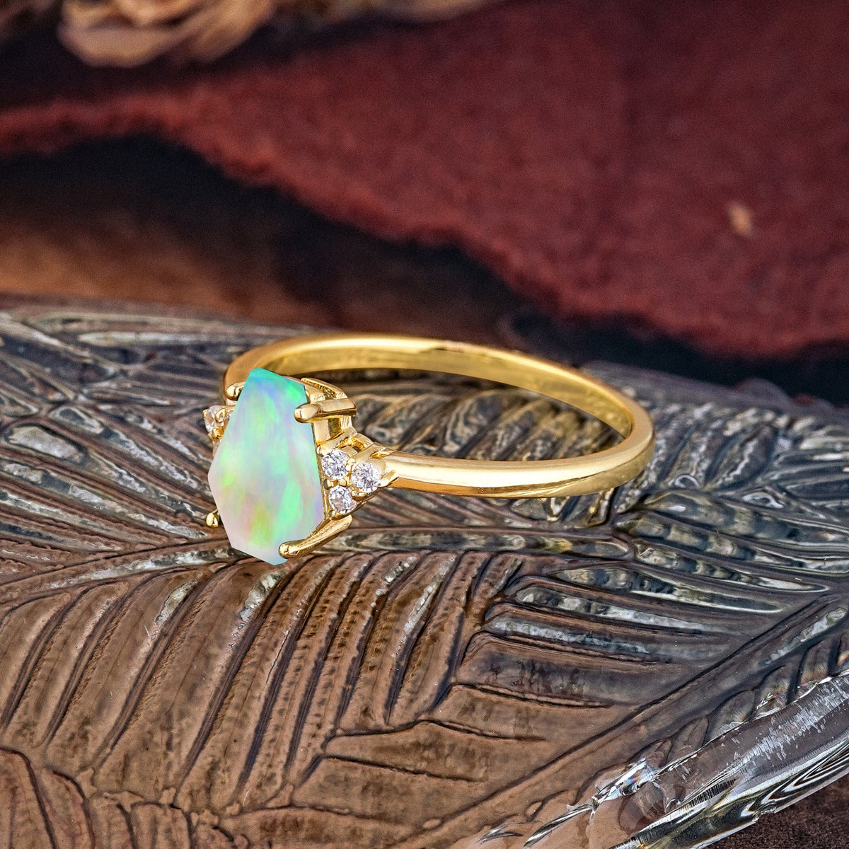 Minimalist 4-Prong Coffin-Cut Opal Engagement Ring