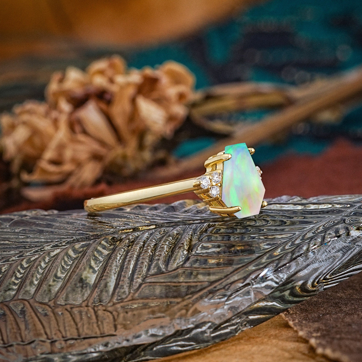 Minimalist 4-Prong Coffin-Cut Opal Engagement Ring