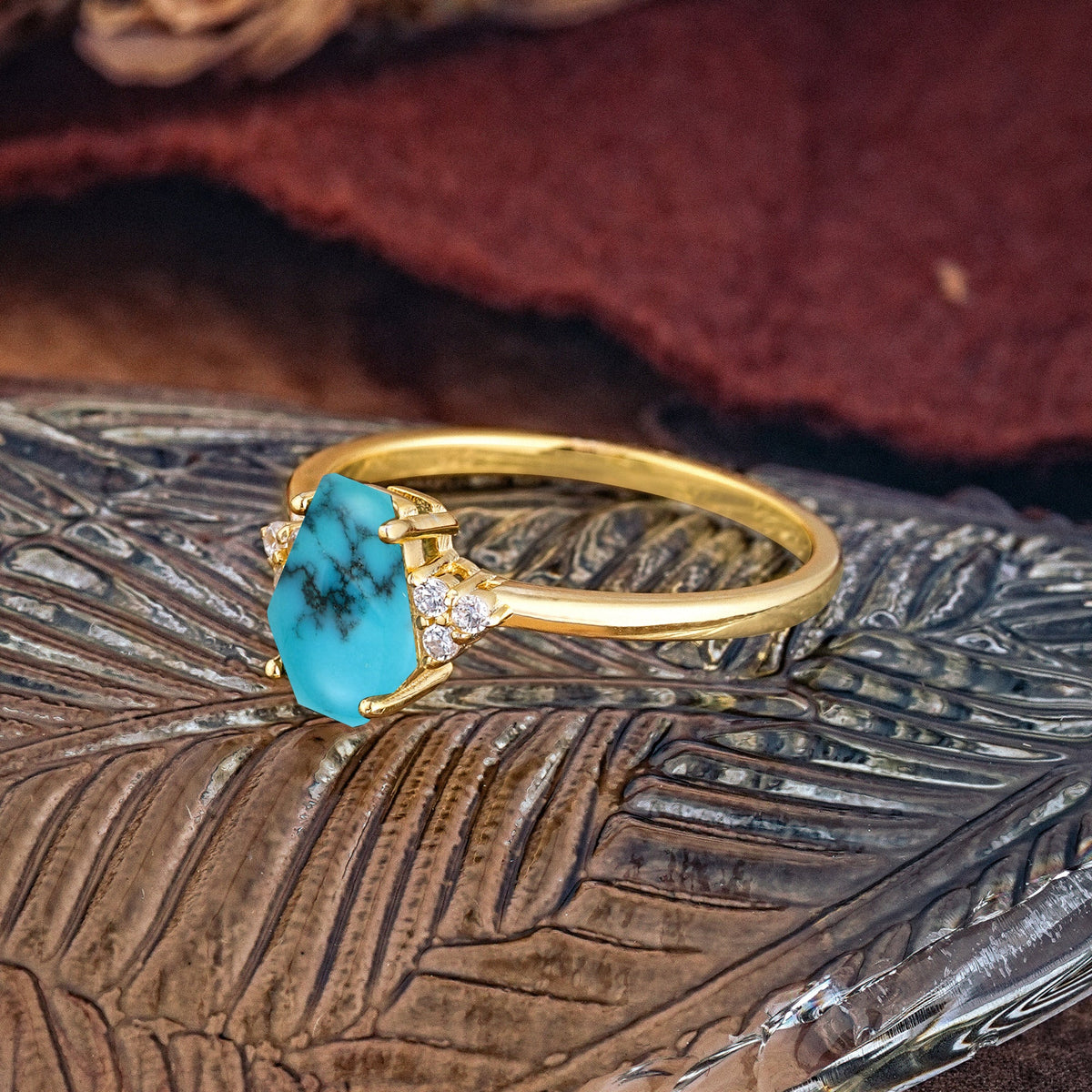 Minimalist 4-Prong Coffin-Cut Turquoise Engagement Ring