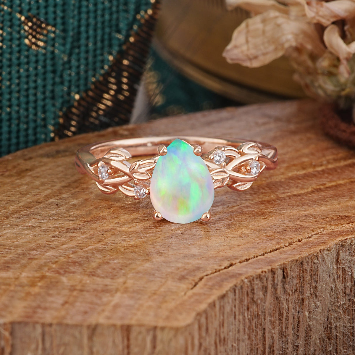 Pear Shape Leaf OpalEngagement Ring – Nature Inspired Vine Engagement Ring for Women