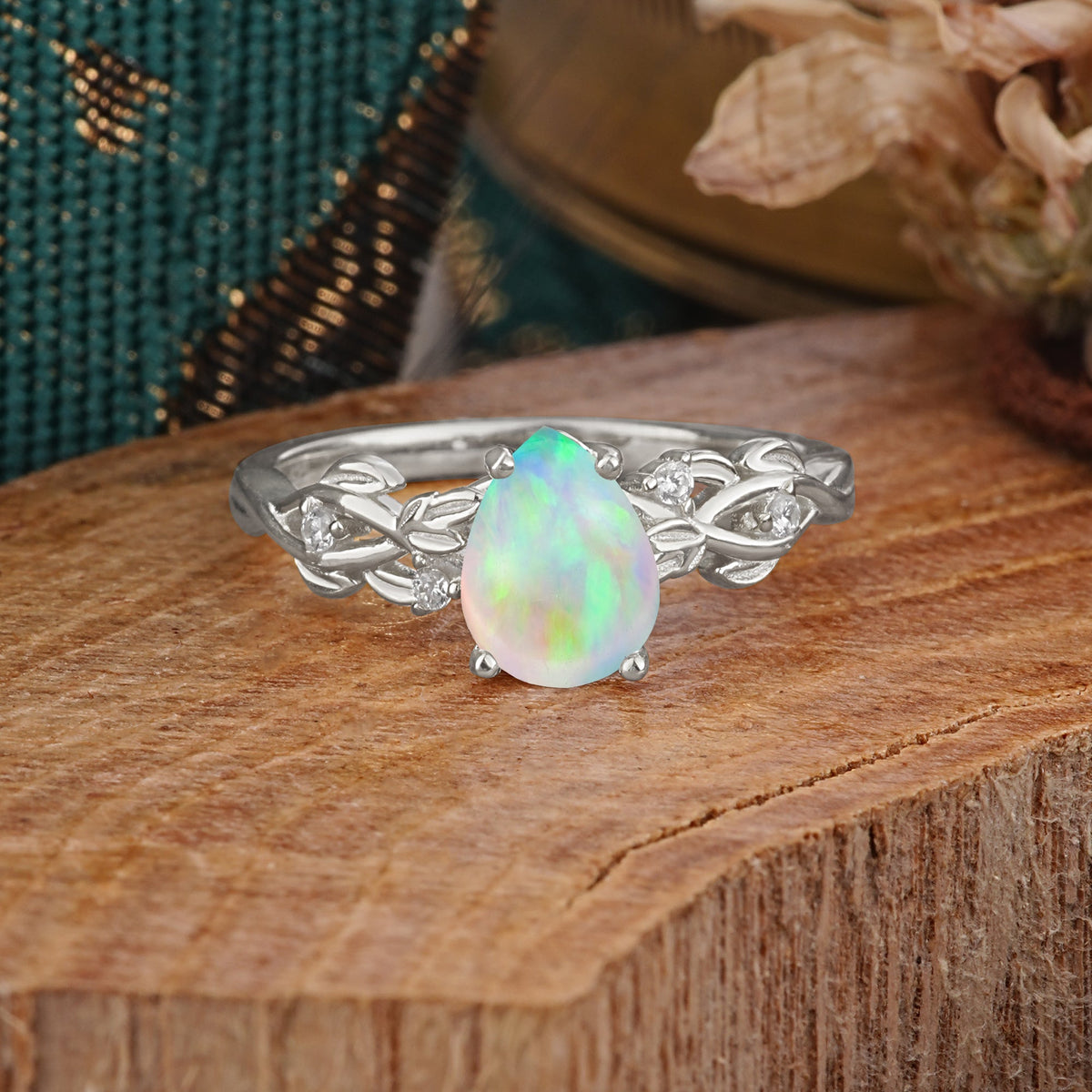 Pear Shape Leaf OpalEngagement Ring – Nature Inspired Vine Engagement Ring for Women