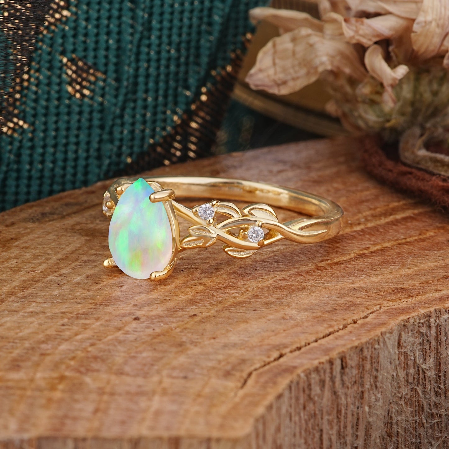 Pear Shape Leaf OpalEngagement Ring – Nature Inspired Vine Engagement Ring for Women