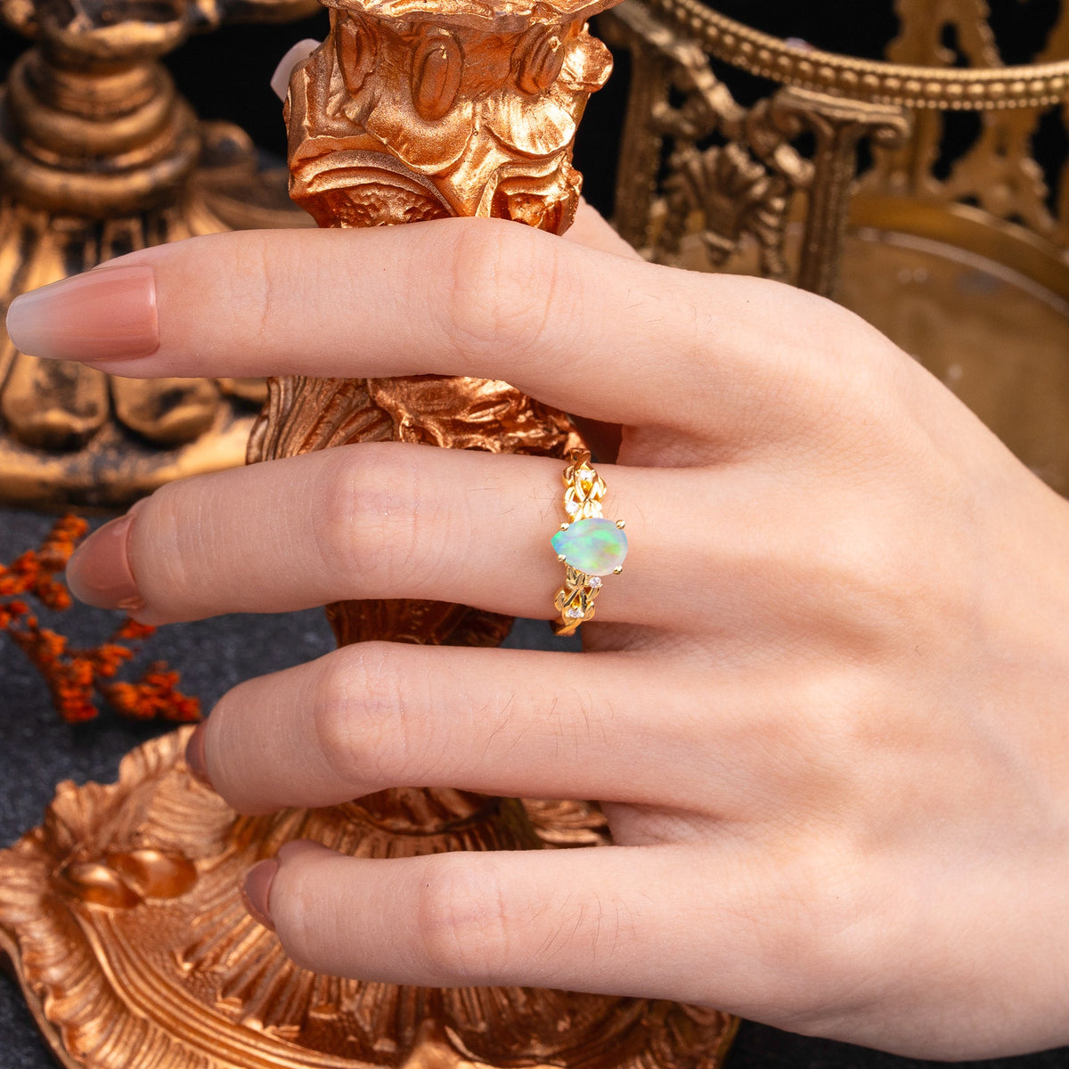Pear Shape Leaf OpalEngagement Ring – Nature Inspired Vine Engagement Ring for Women