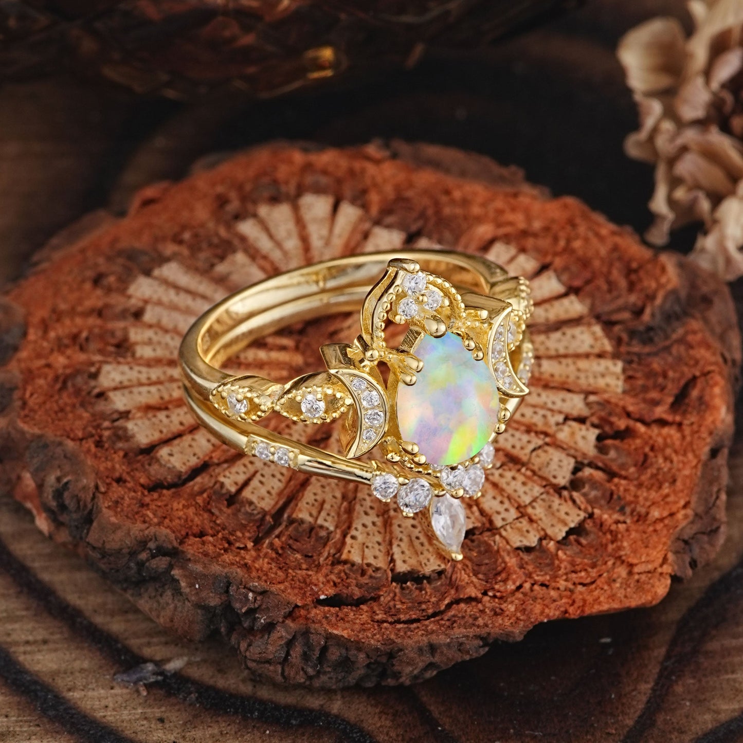 Elegant 5 Prong Pear-Cut Opal Bridal Ring Set