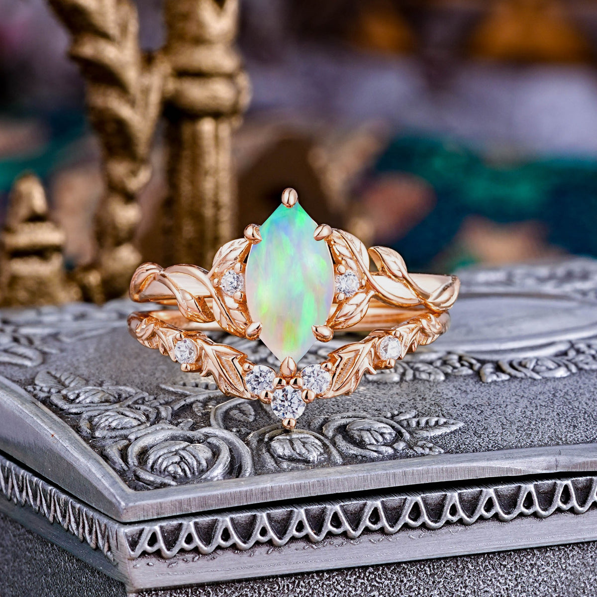 1 Carat Marquise Opal Nature-Inspired Vine Bridal Ring Set
