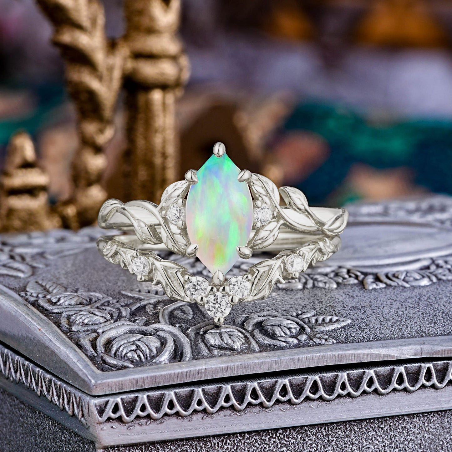 1 Carat Marquise Opal Nature-Inspired Vine Bridal Ring Set
