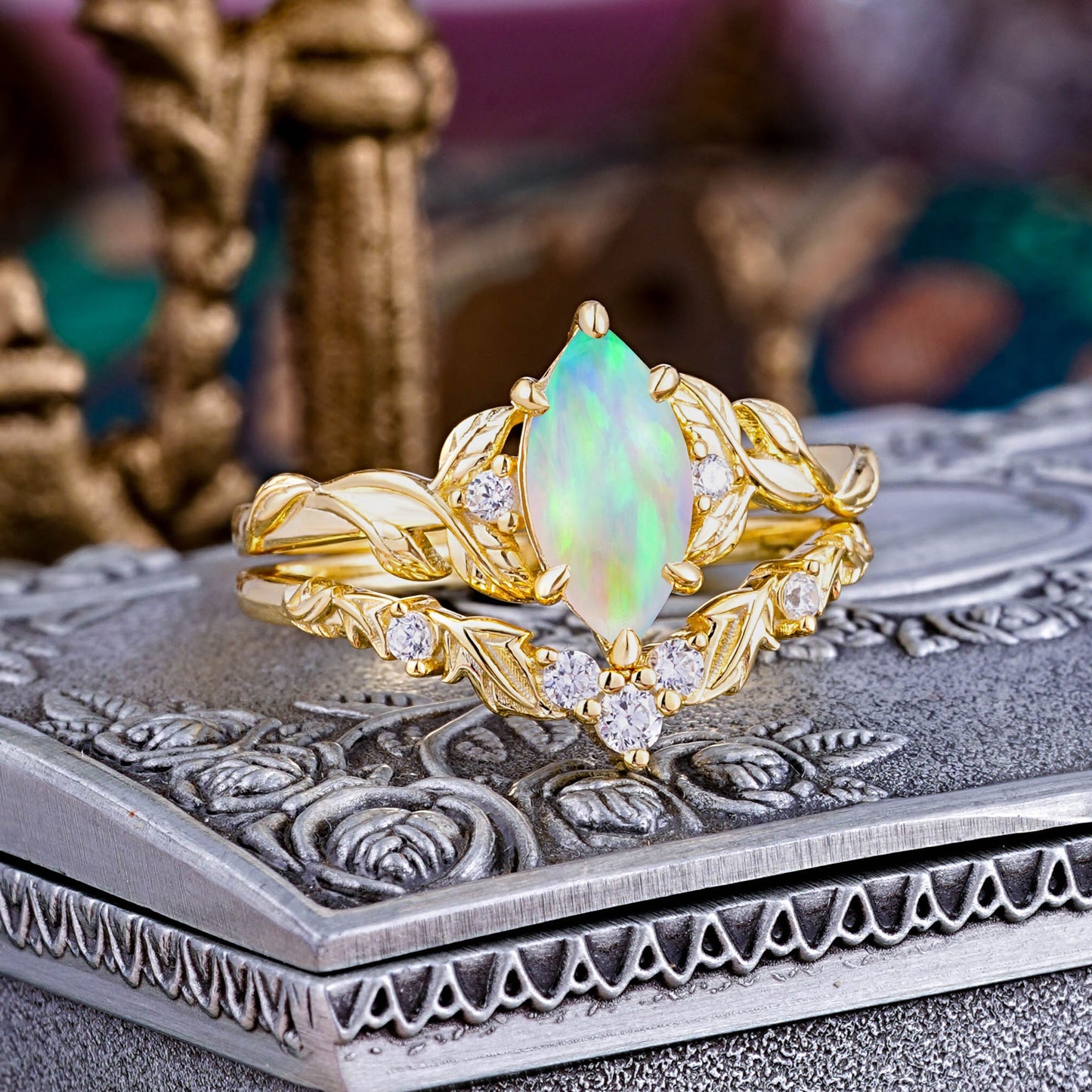 1 Carat Marquise Opal Nature-Inspired Vine Bridal Ring Set