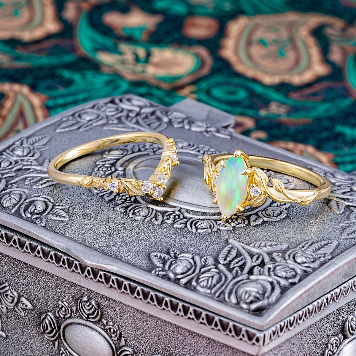 1 Carat Marquise Opal Nature-Inspired Vine Bridal Ring Set