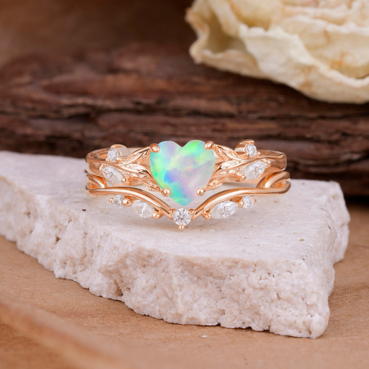 4-Prong Nature-Inspired Heart-Shaped Opal Bridal Ring Set