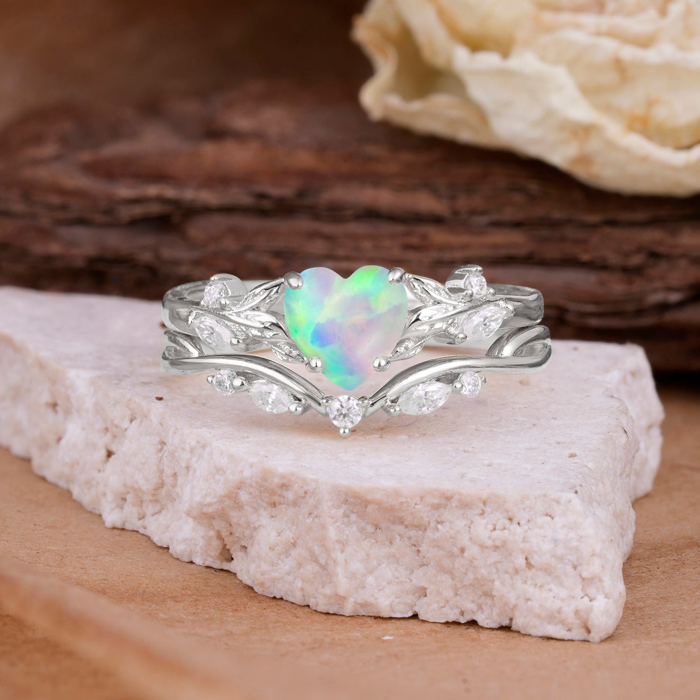 4-Prong Nature-Inspired Heart-Shaped Opal Bridal Ring Set