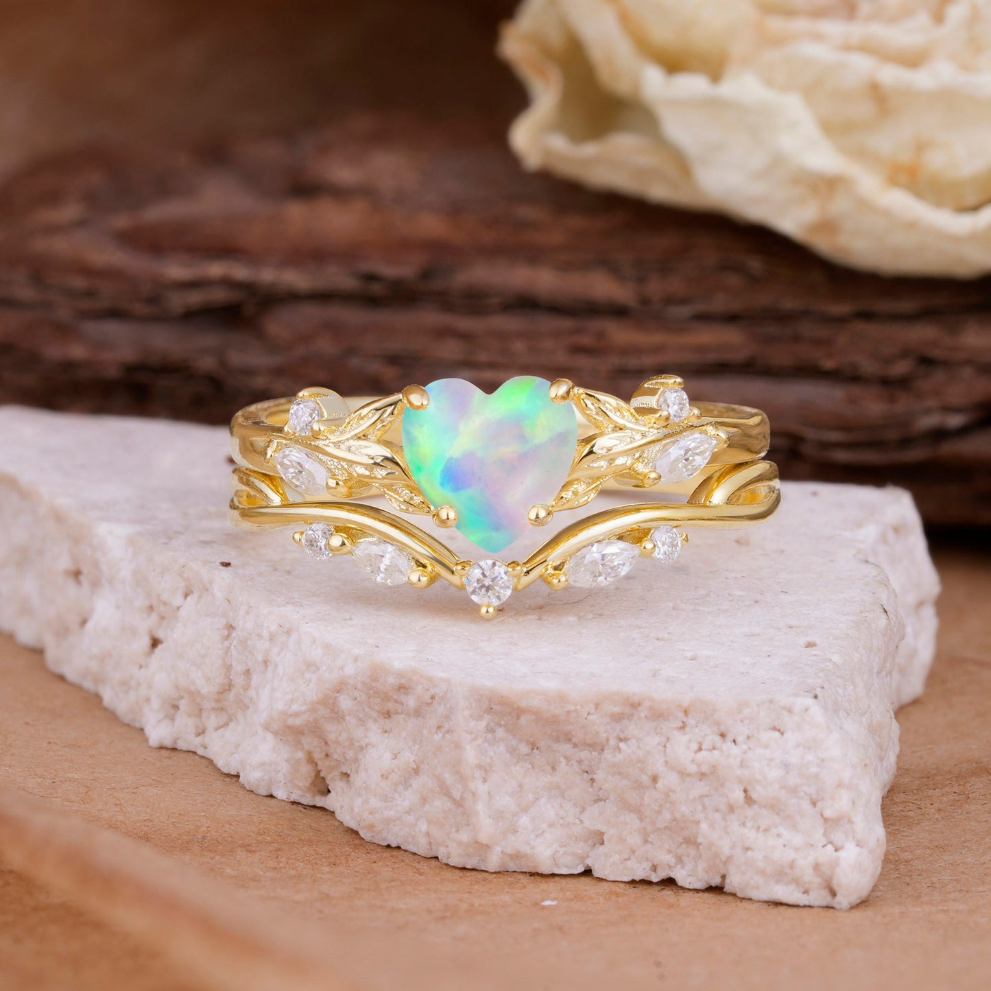 4-Prong Nature-Inspired Heart-Shaped Opal Bridal Ring Set