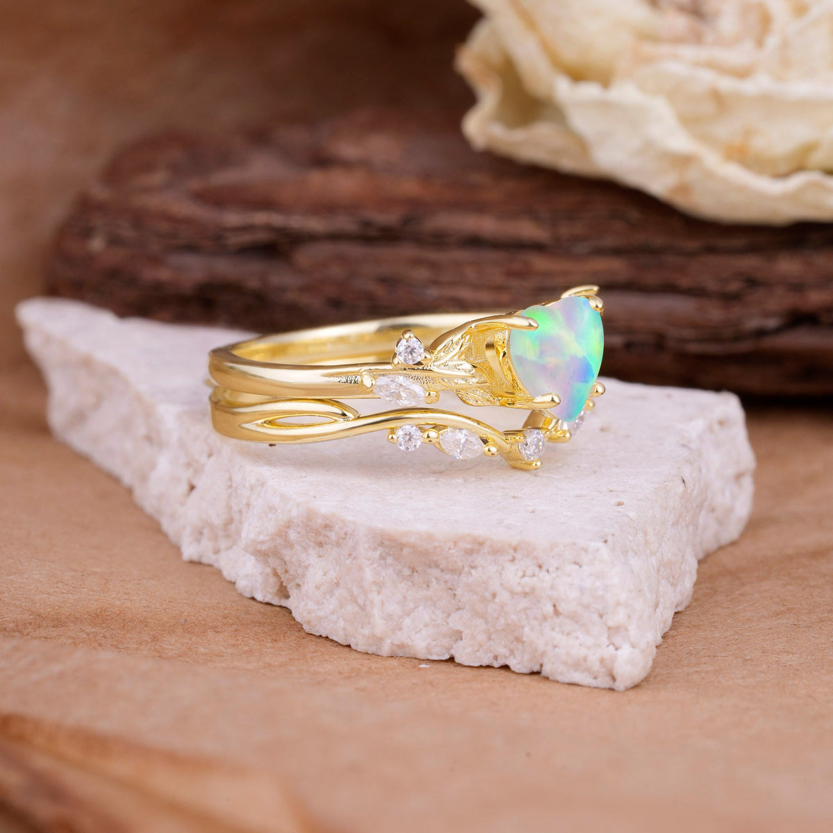 4-Prong Nature-Inspired Heart-Shaped Opal Bridal Ring Set