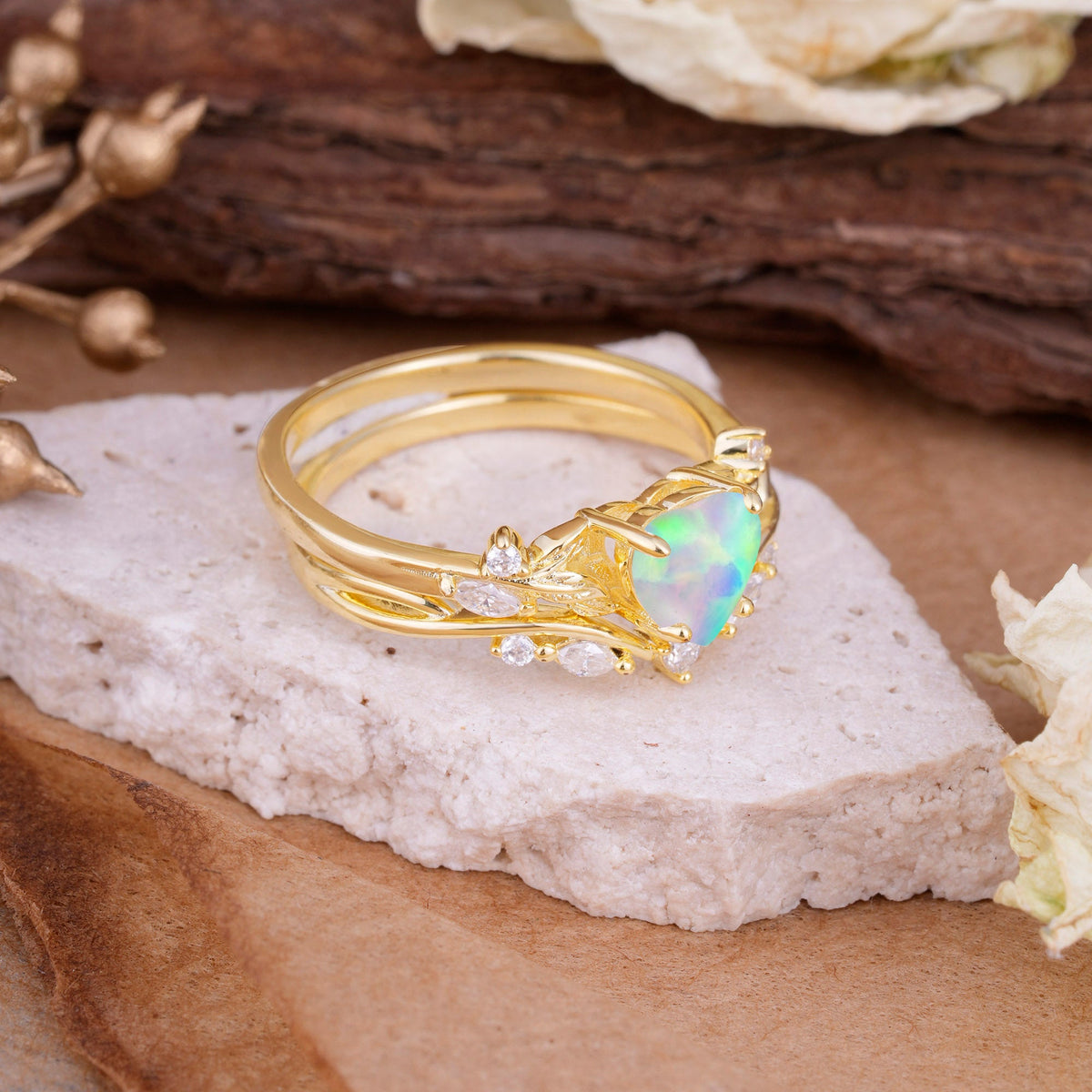 4-Prong Nature-Inspired Heart-Shaped Opal Bridal Ring Set