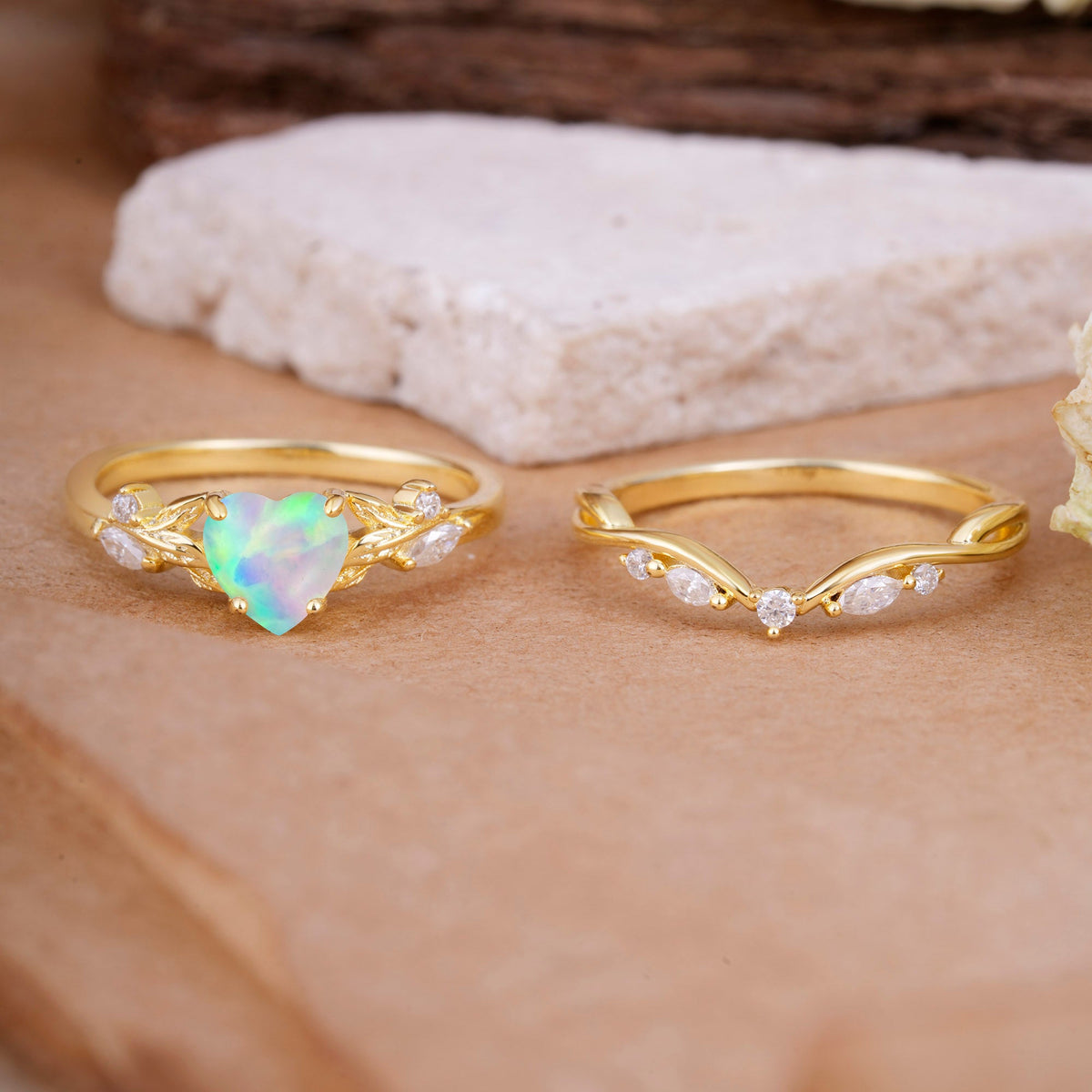 4-Prong Nature-Inspired Heart-Shaped Opal Bridal Ring Set