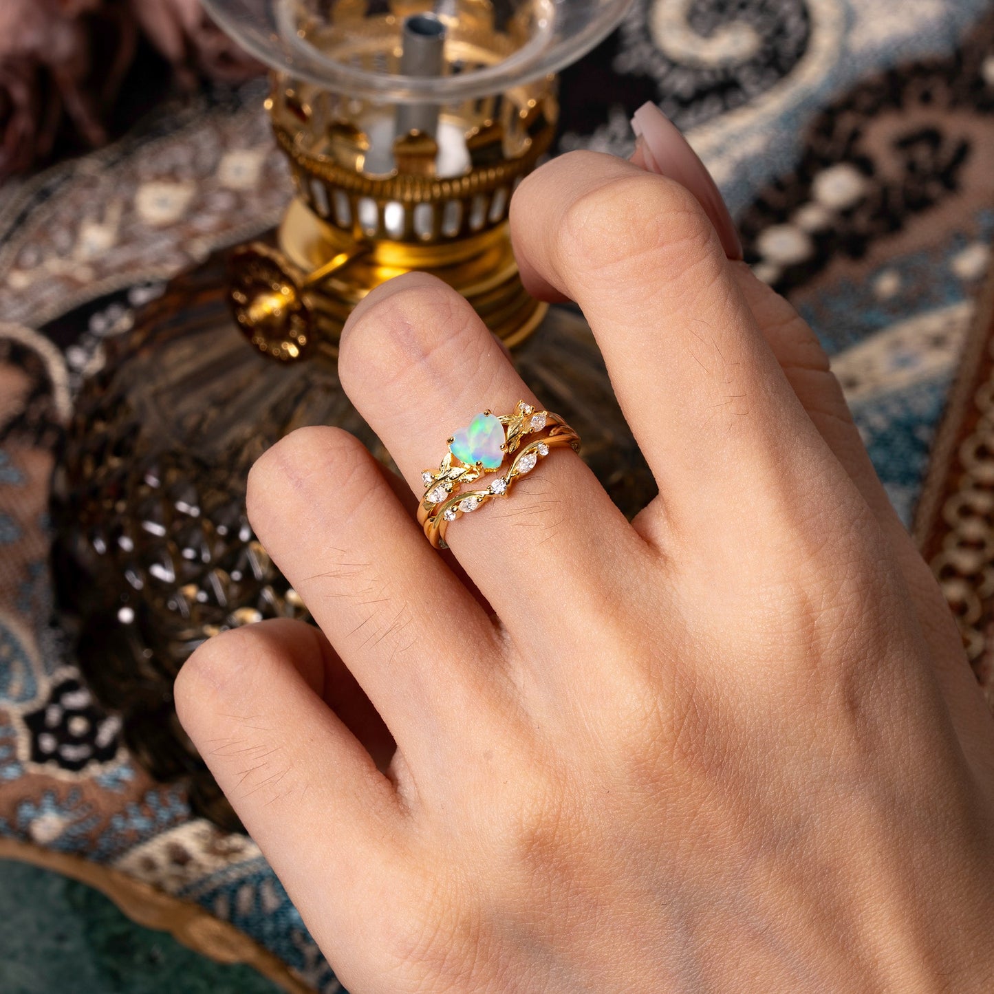 4-Prong Nature-Inspired Heart-Shaped Opal Bridal Ring Set