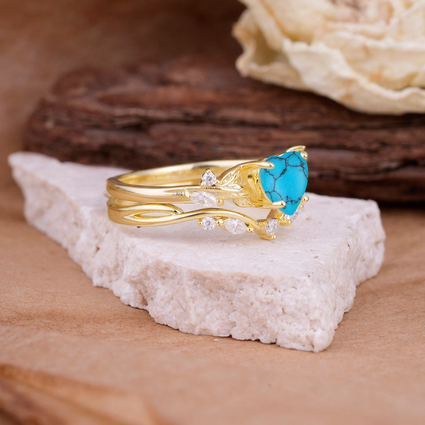 4-Prong Nature-Inspired Heart-Shaped Turquoise Bridal Ring Set
