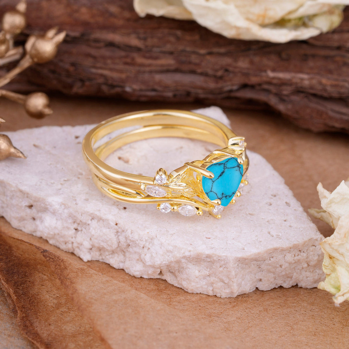 4-Prong Nature-Inspired Heart-Shaped Turquoise Bridal Ring Set