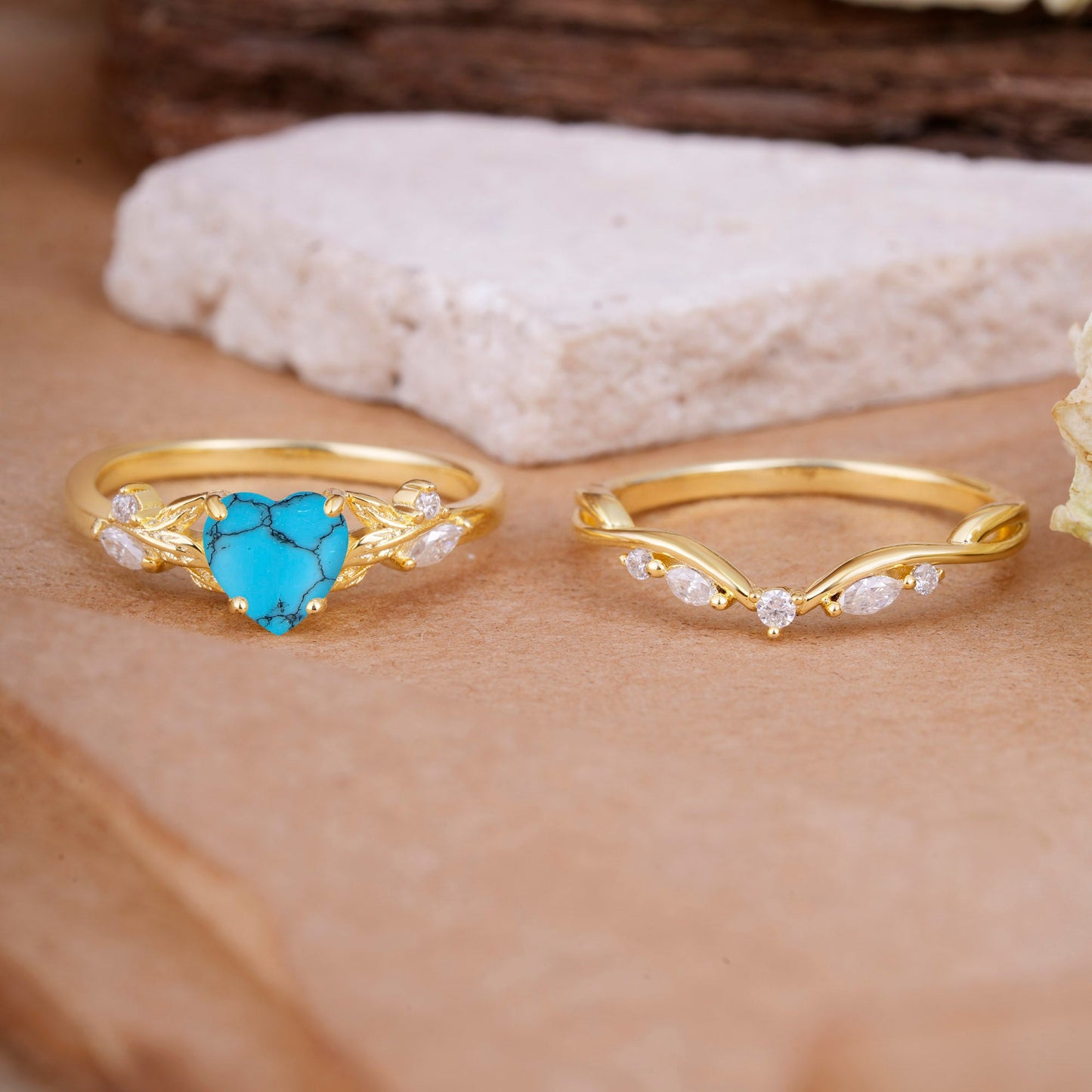 4-Prong Nature-Inspired Heart-Shaped Turquoise Bridal Ring Set