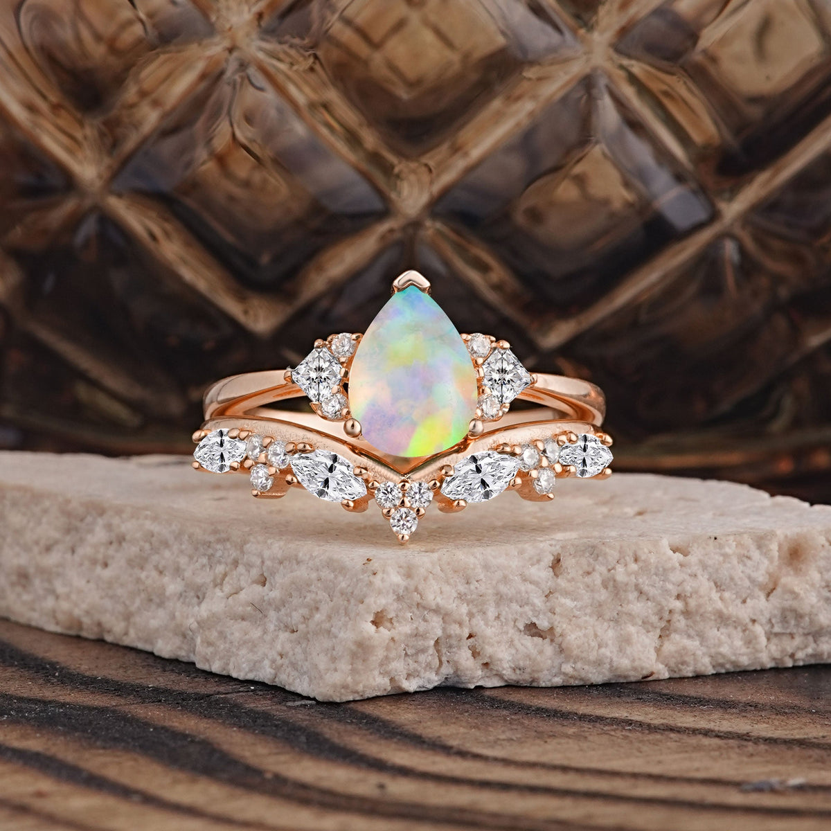 Luxury 3-Prong Pear-Cut Opal Bridal Ring Set
