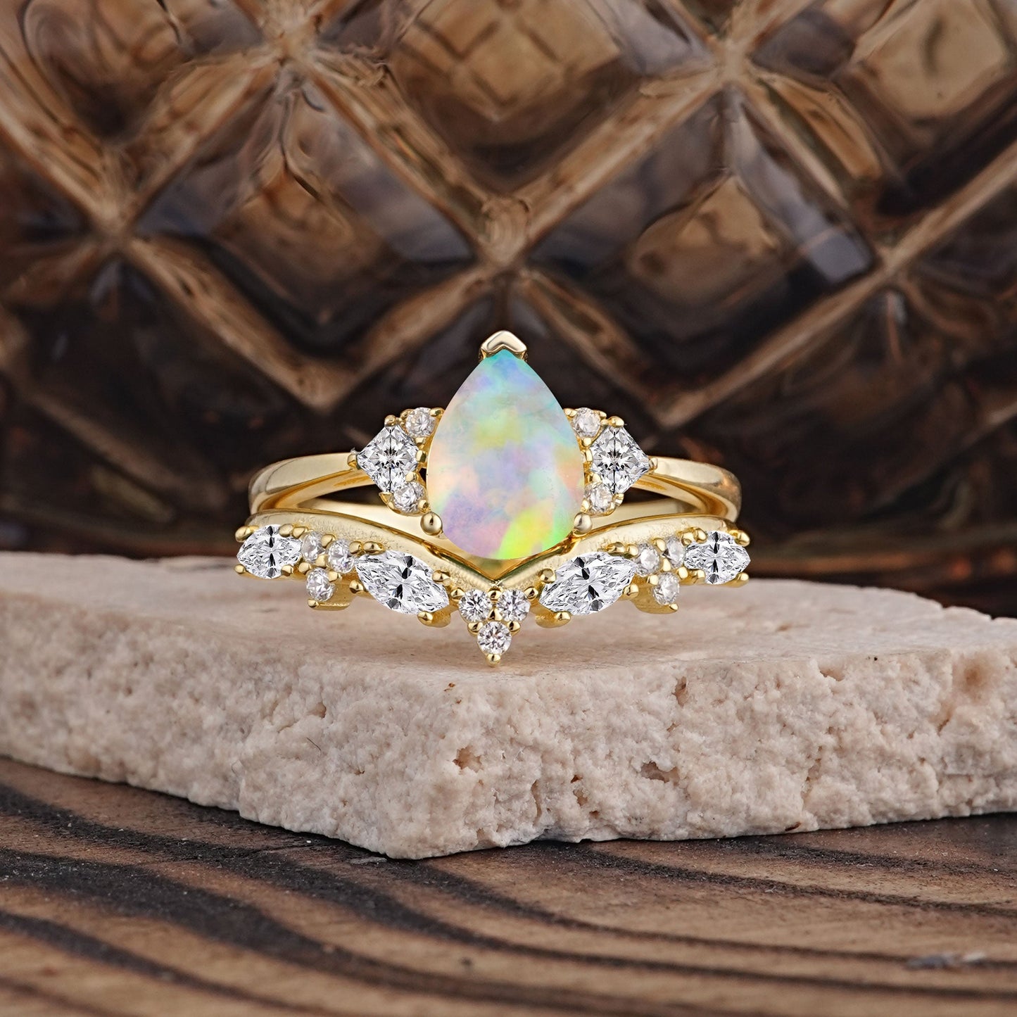 Luxury 3-Prong Pear-Cut Opal Bridal Ring Set