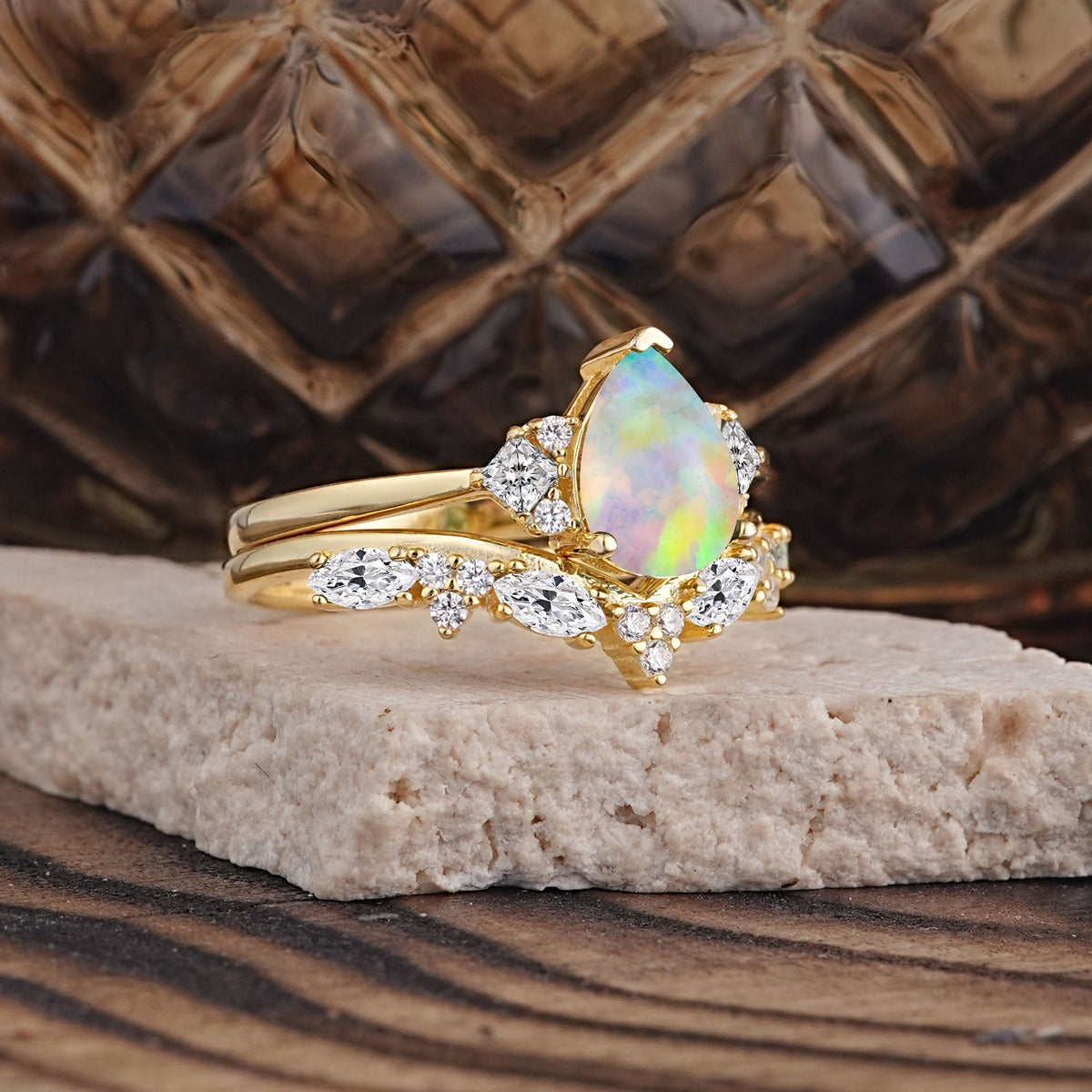 Luxury 3-Prong Pear-Cut Opal Bridal Ring Set