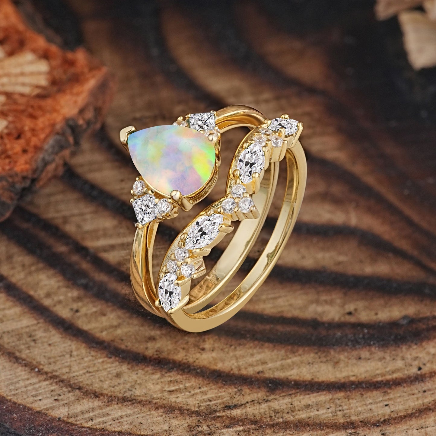 Luxury 3-Prong Pear-Cut Opal Bridal Ring Set