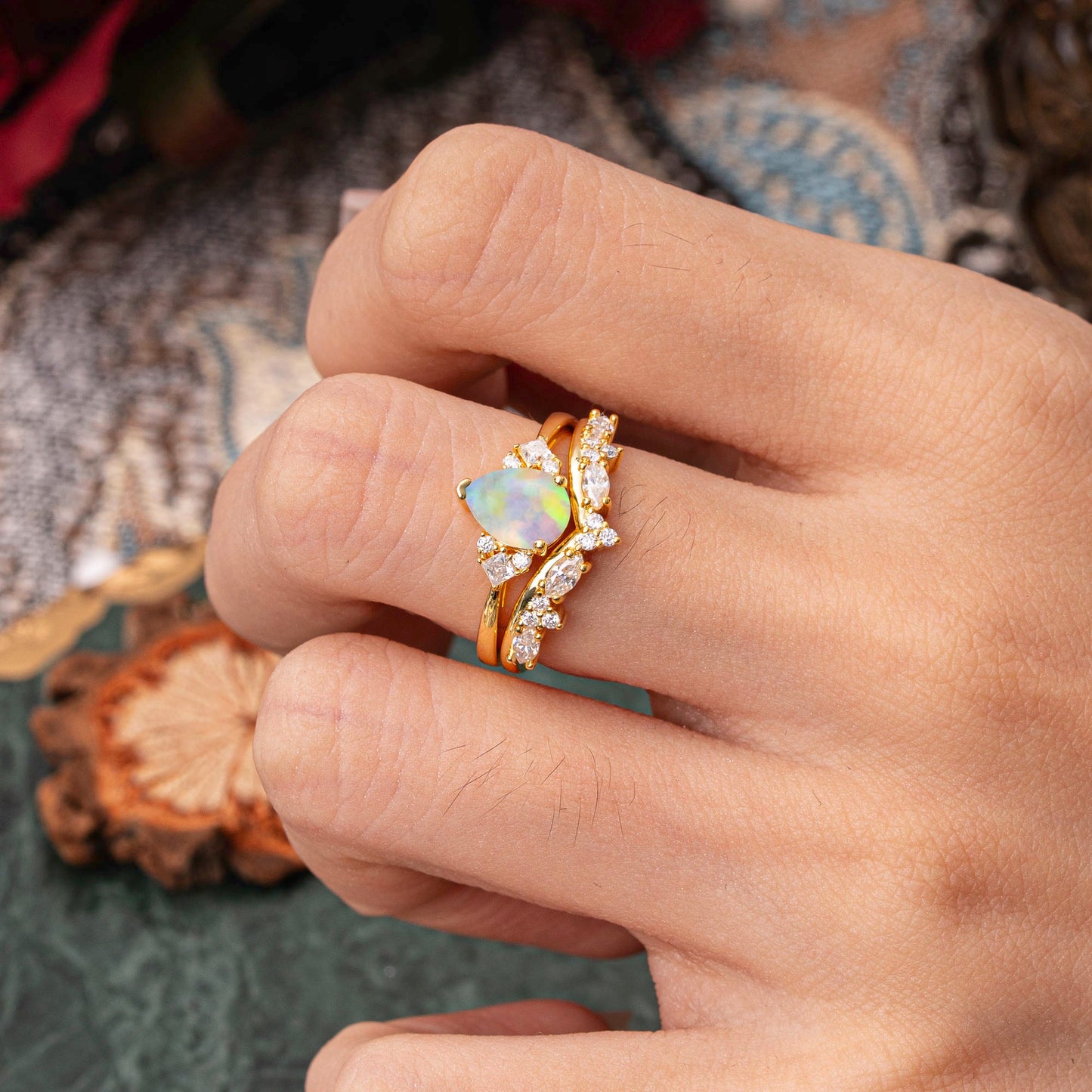 Luxury 3-Prong Pear-Cut Opal Bridal Ring Set