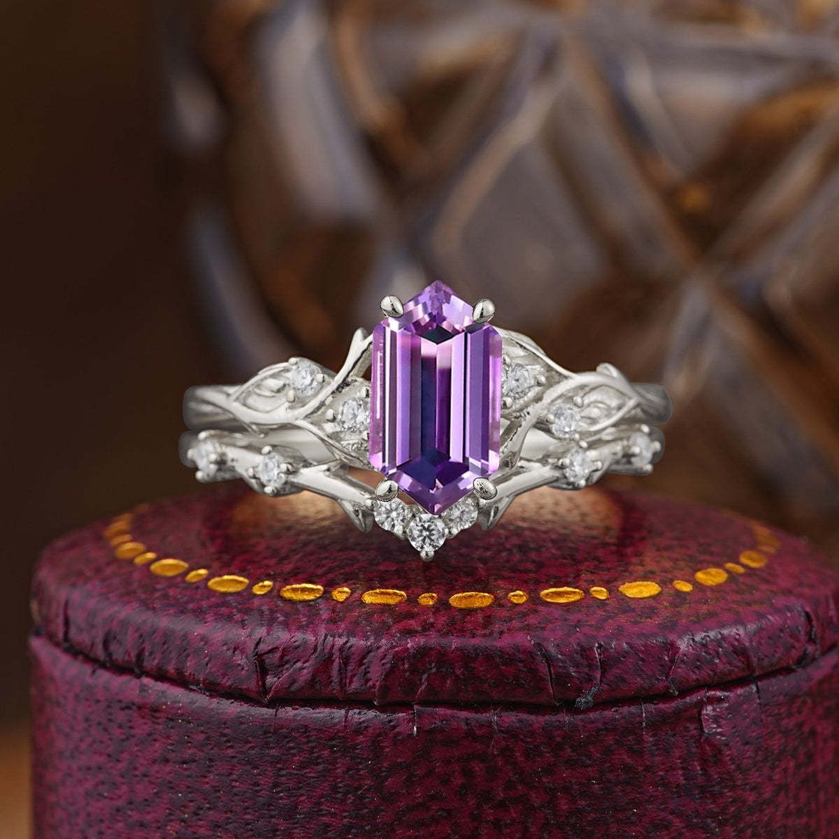 Nature-Inspired 4-Prong Hexagon-Cut Amethyst Bridal Ring Set