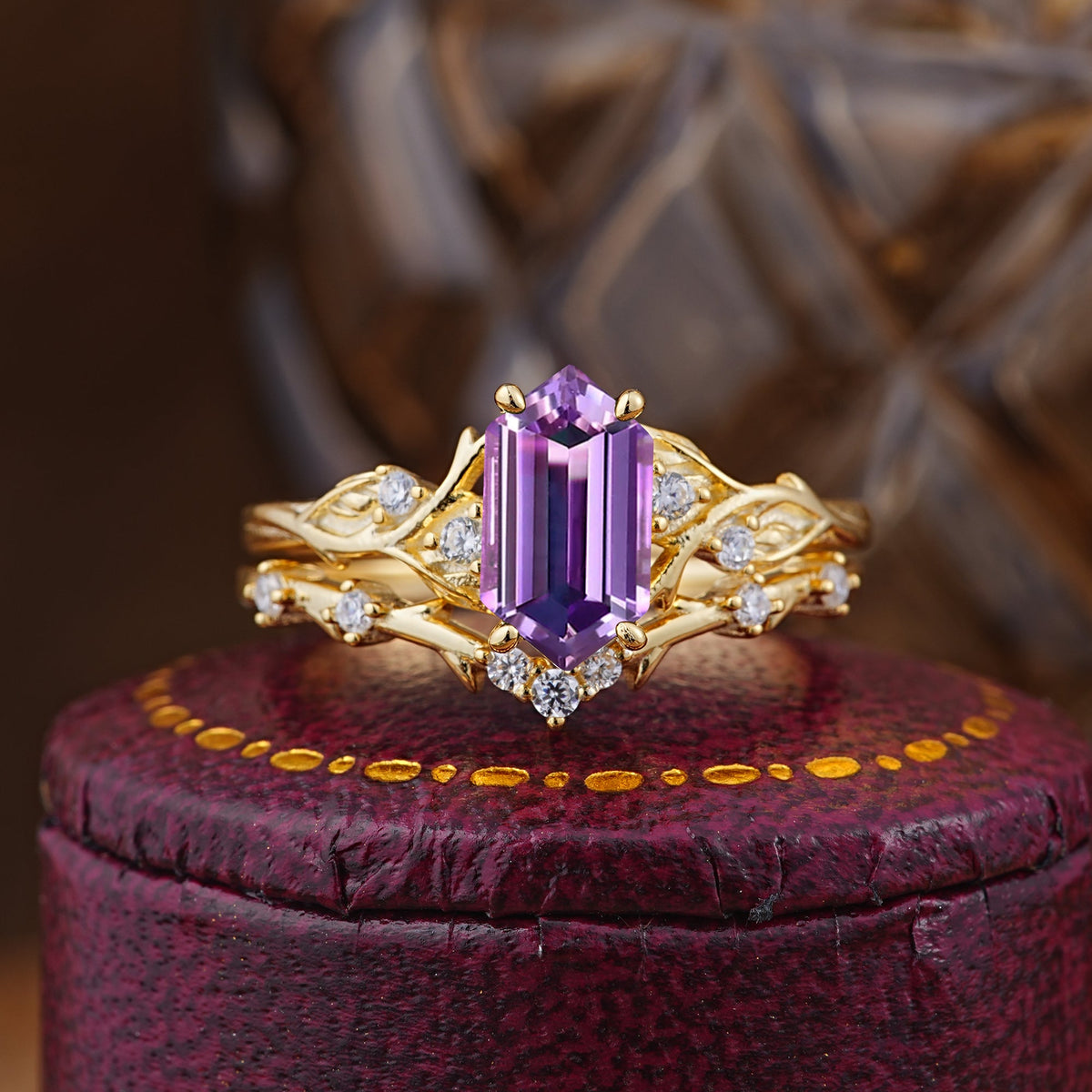 Nature-Inspired 4-Prong Hexagon-Cut Amethyst Bridal Ring Set
