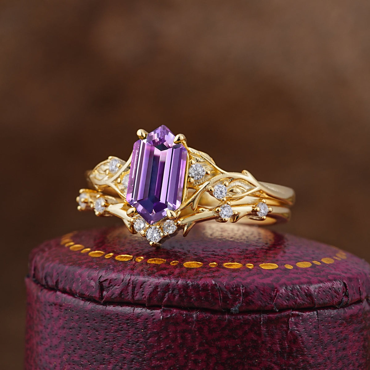 Nature-Inspired 4-Prong Hexagon-Cut Amethyst Bridal Ring Set