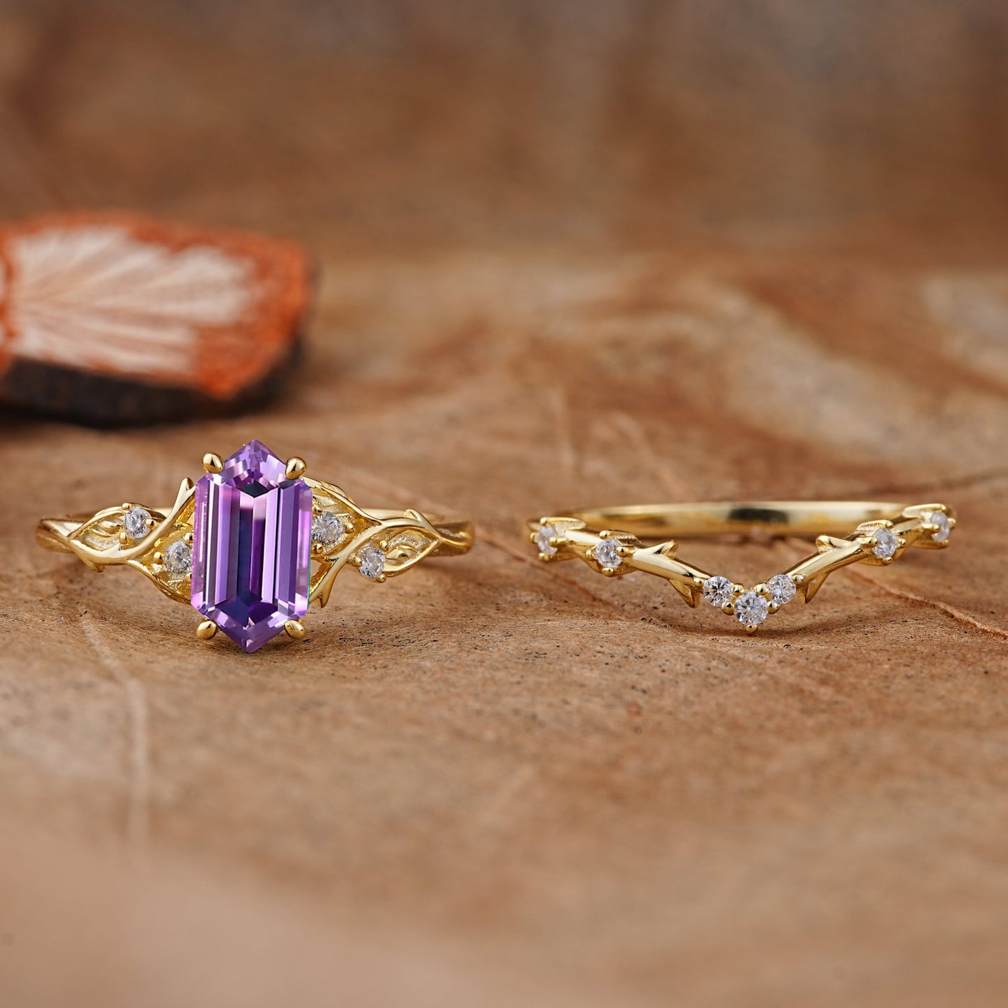 Nature-Inspired 4-Prong Hexagon-Cut Amethyst Bridal Ring Set