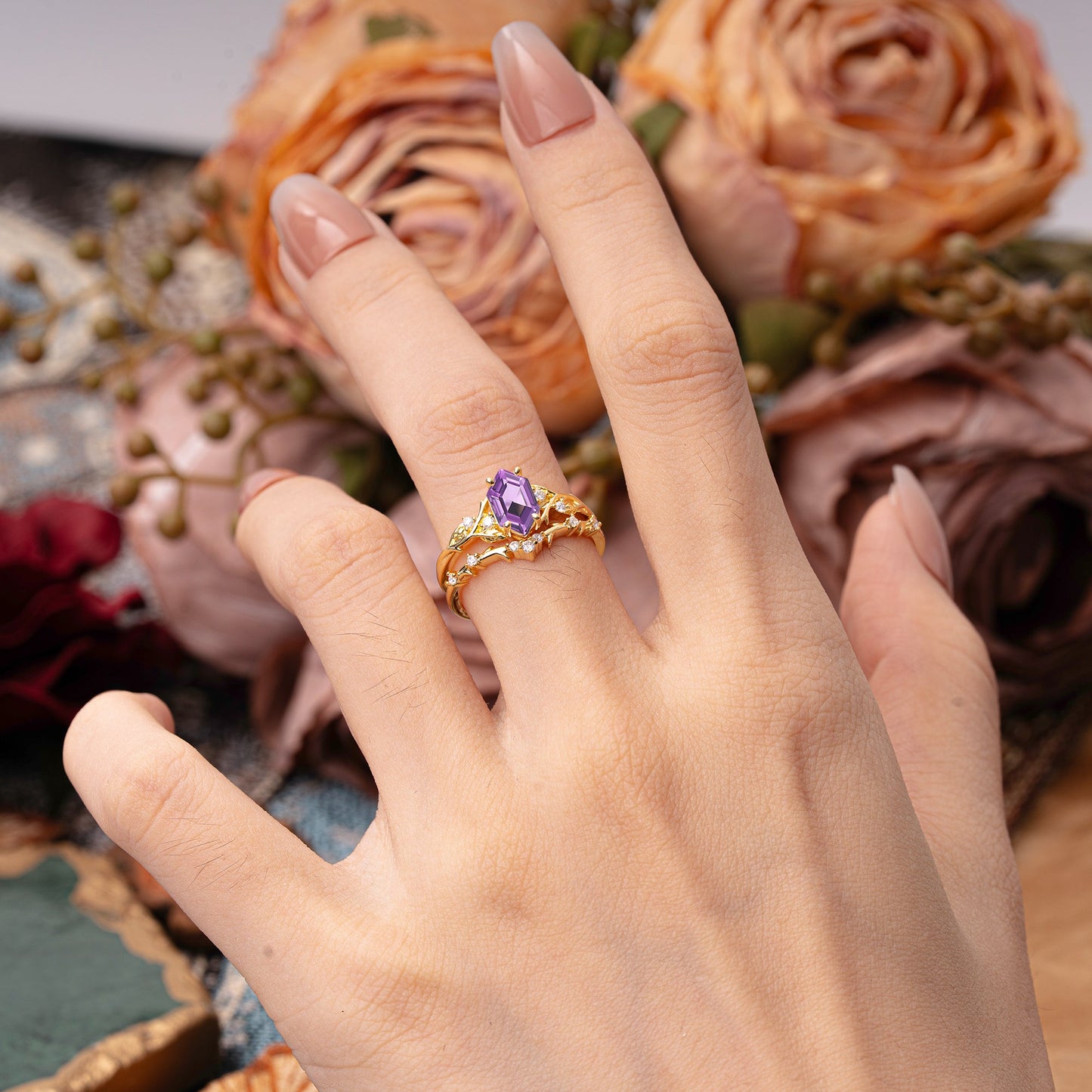Nature-Inspired 4-Prong Hexagon-Cut Amethyst Bridal Ring Set