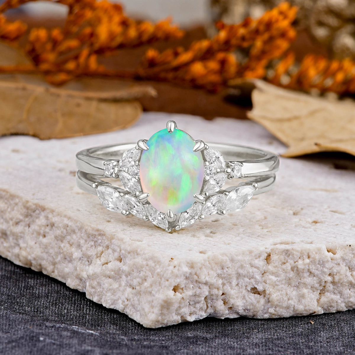 Luxury 6-Prong Oval-Cut Opal Engagement Ring Set