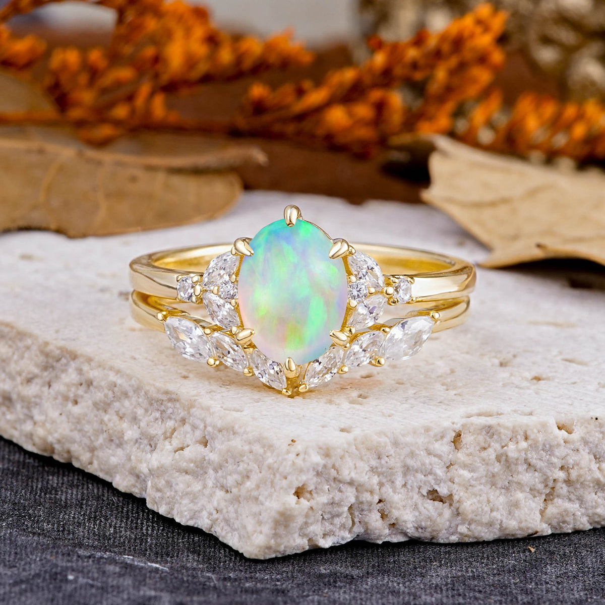 Luxury 6-Prong Oval-Cut Opal Engagement Ring Set