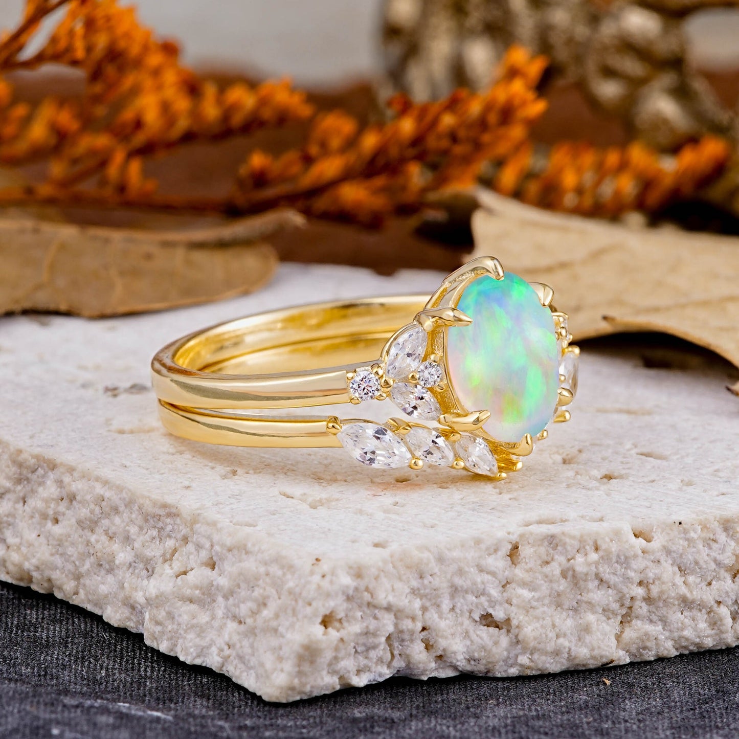 Luxury 6-Prong Oval-Cut Opal Engagement Ring Set