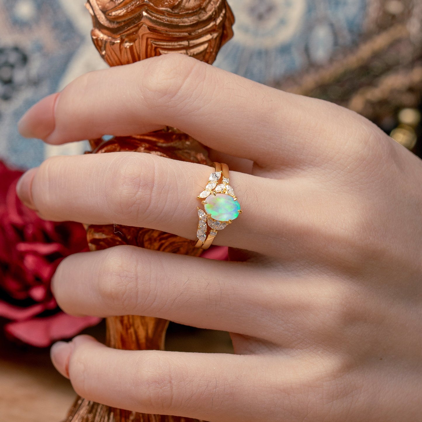 Luxury 6-Prong Oval-Cut Opal Engagement Ring Set