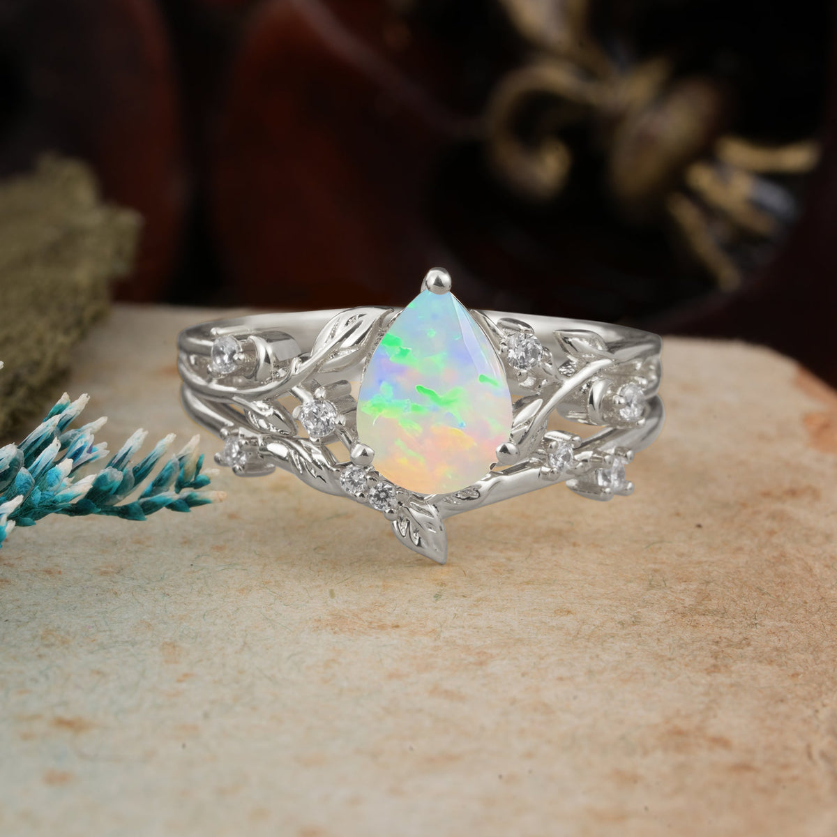 Timeless Pear Cut Opal Bridal Ring Set for Her