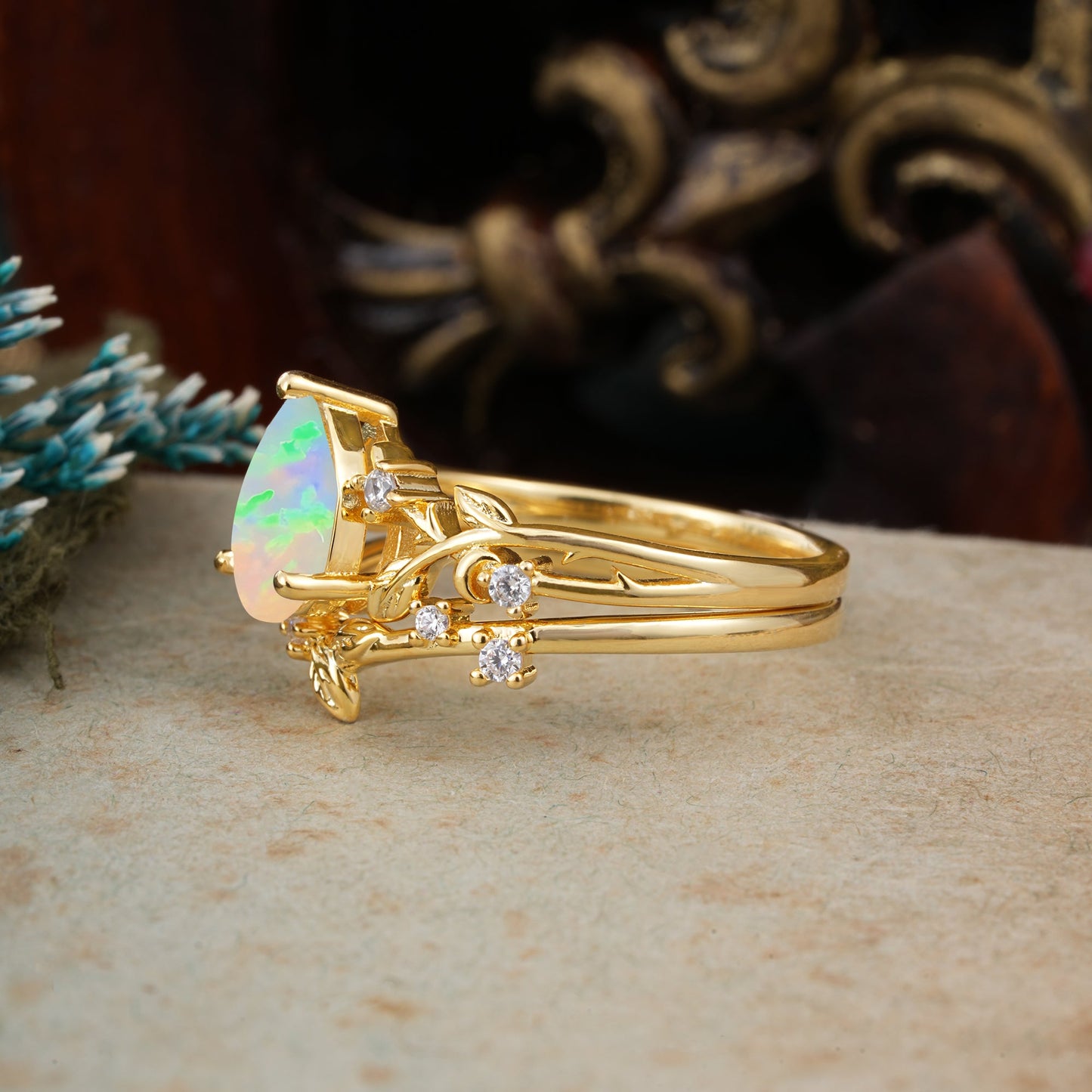 Timeless Pear Cut Opal Bridal Ring Set for Her