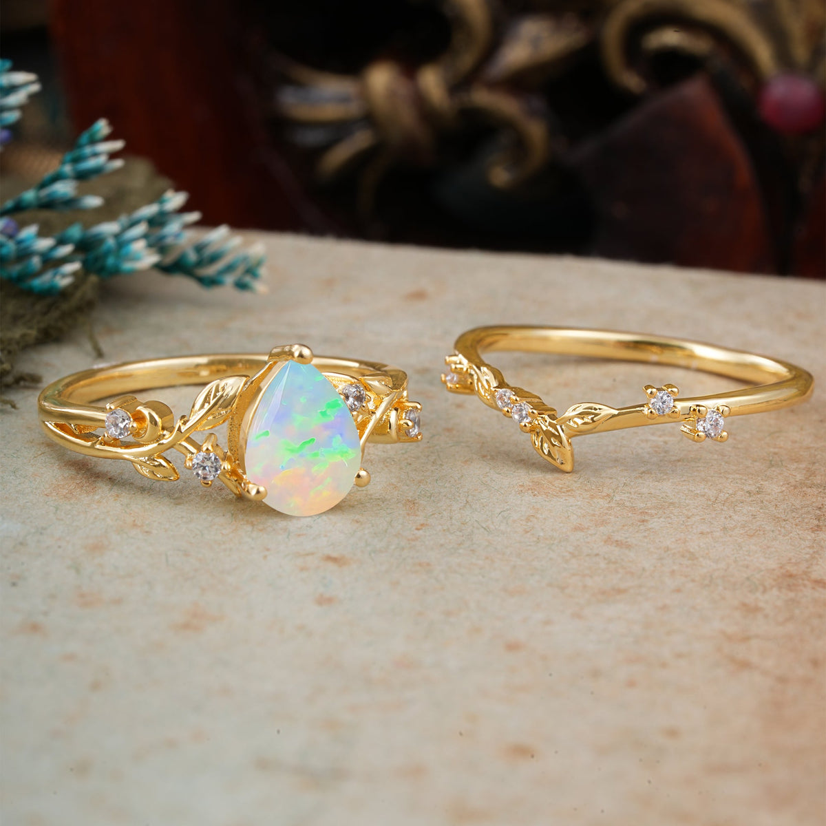 Timeless Pear Cut Opal Bridal Ring Set for Her