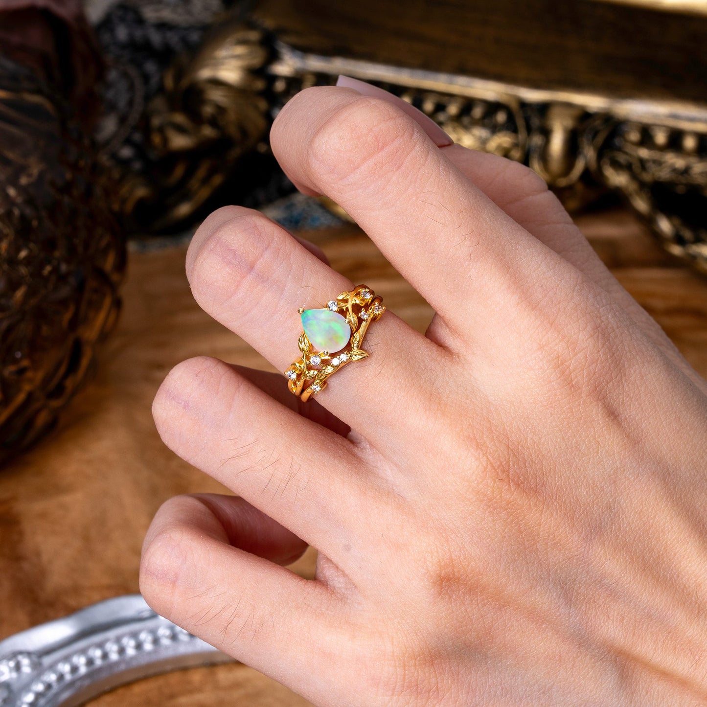 Timeless Pear Cut Opal Bridal Ring Set for Her