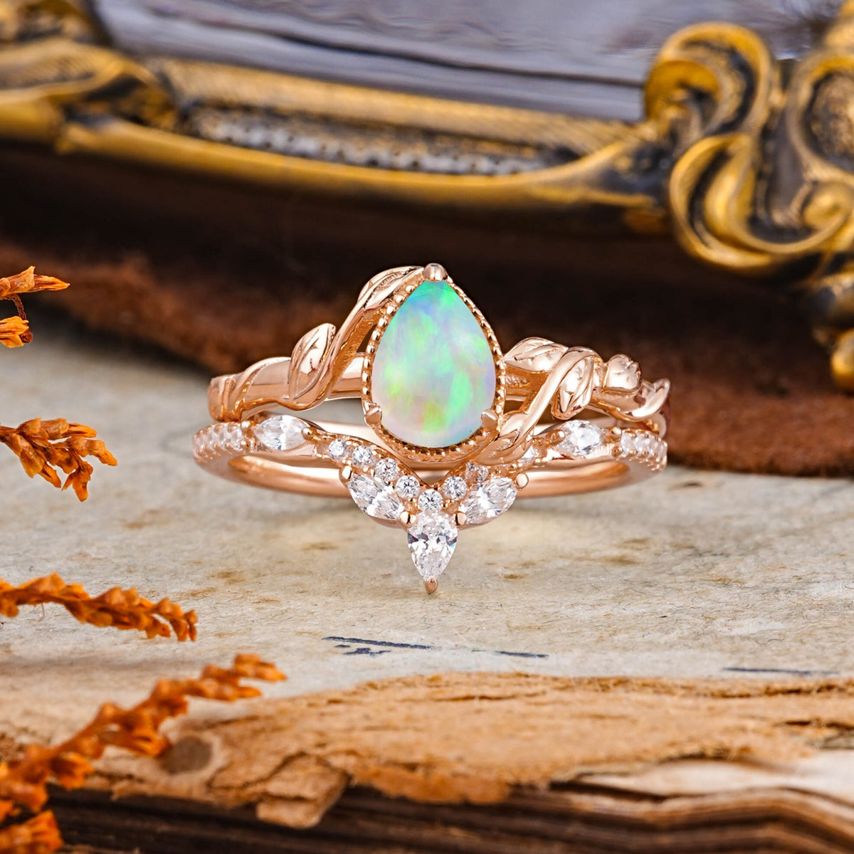 Timeless Pear Cut Opal Bridal Ring Set for Her